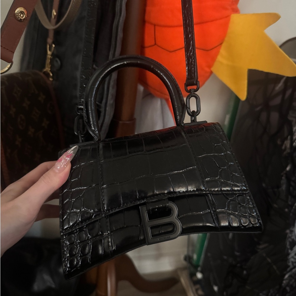 Balenciaga Black Crocodile Embossed hourglass Handbag size xs